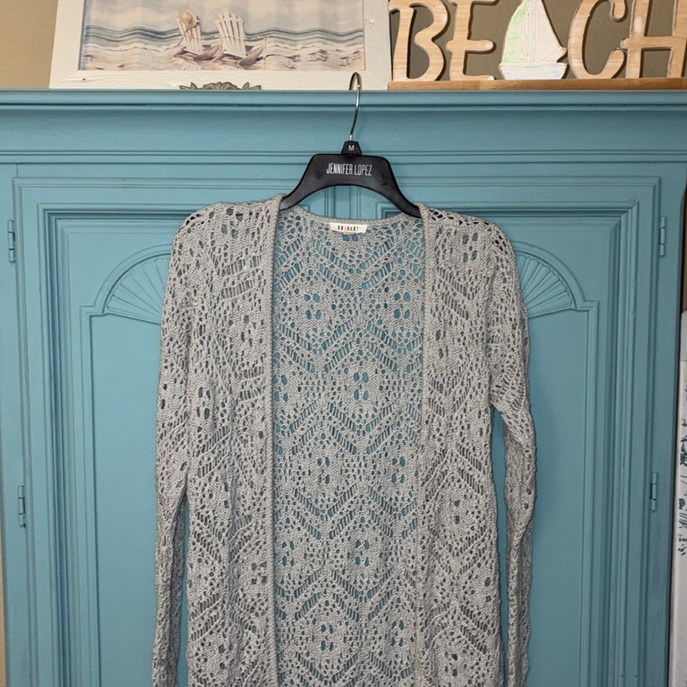 ⭐️ 3/$15 Blue-Gray Crocheted Cotton Blend Cardigan Duster- flaw